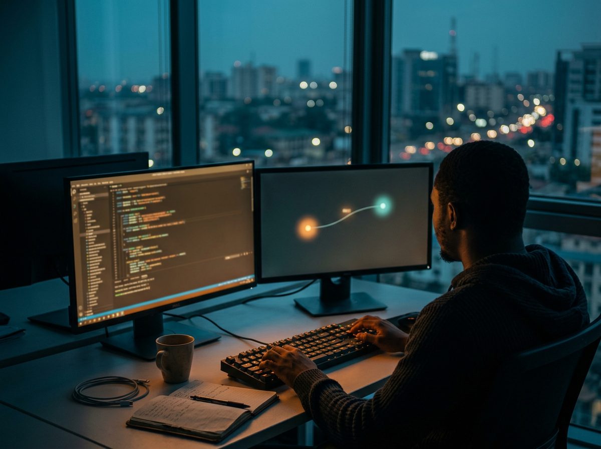 A software engineer at a two-monitor workstation at dusk, one screen showing code and the other a payment route between two points, with a city skyline beyond the window.