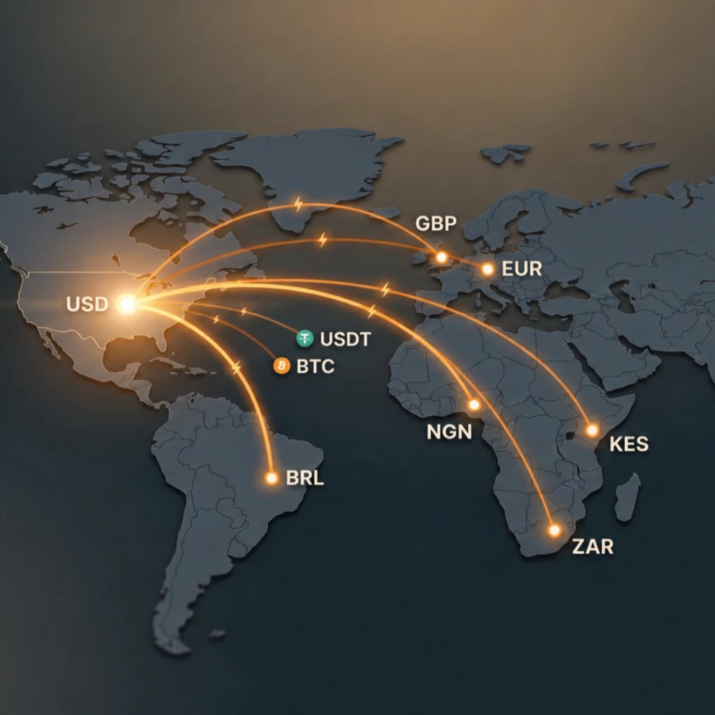 World map of US dollar payment routes from the United States to GBP, EUR, NGN, KES, ZAR, BRL, USDT and BTC on the Djingr network