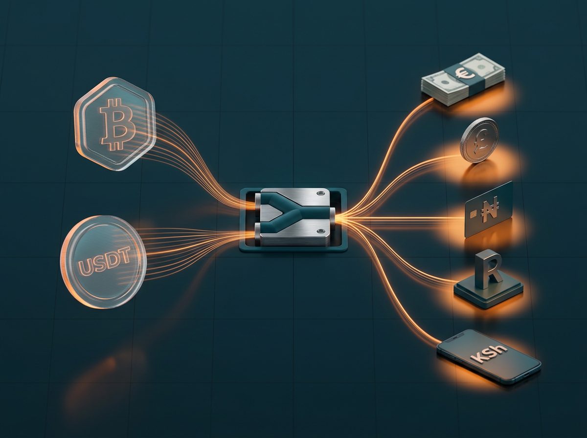 Bitcoin and USDT balances feeding a single converter, with the money coming out the other side as euros, pounds, naira, rand and Kenyan shillings.