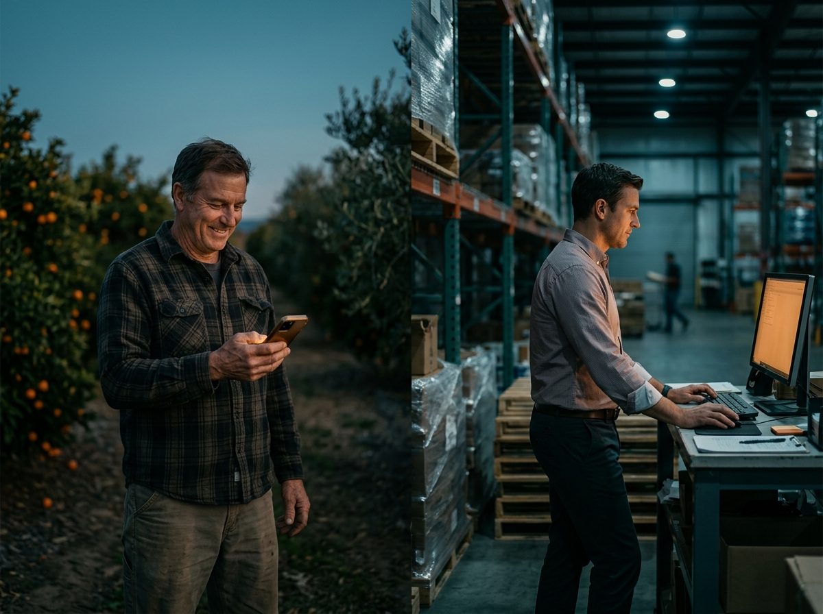 A split scene showing a produce grower in an orchard on one side and a buyer in a logistics warehouse on the other, connected by a single glowing line, representing payment moving instantly between the two sides of an export deal.