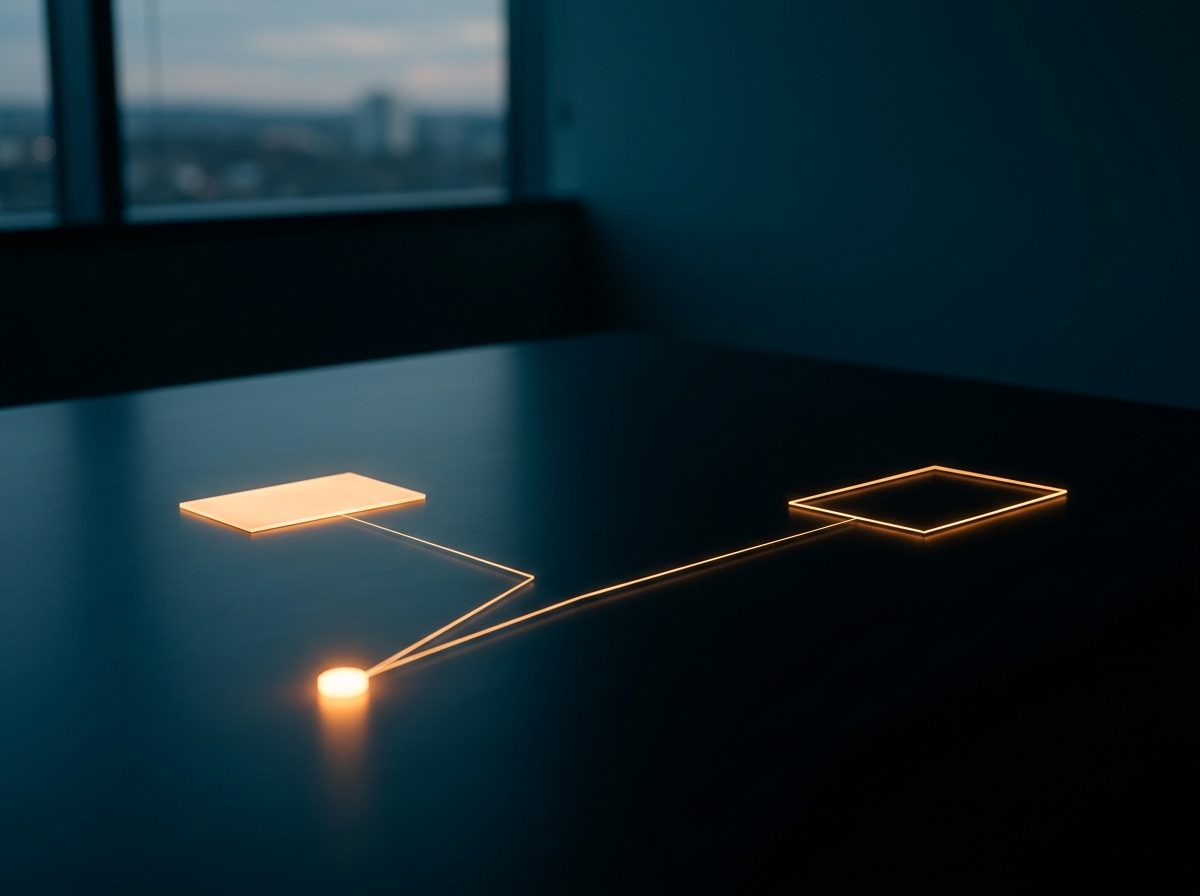 Two paths diverging from one starting point on a dark surface, one leading toward a small pre-built interface panel, the other toward an open, unbuilt frame.