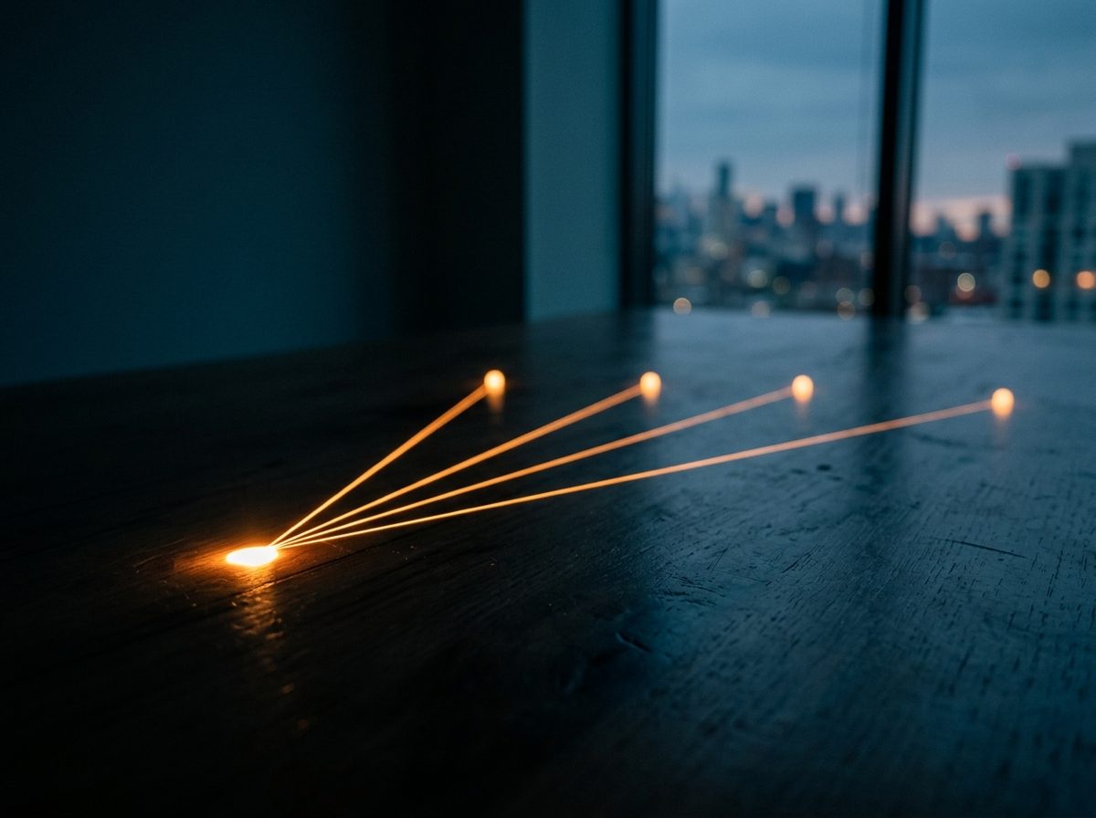 A single connection point branching into several corridor lines converging on distant markers, representing one integration opening many payment corridors.