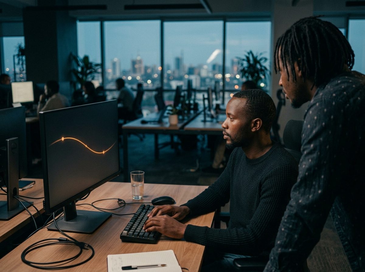 Two engineers at a shared desk reviewing an integration together, one pointing at a monitor, with a city skyline beyond the window at dusk.