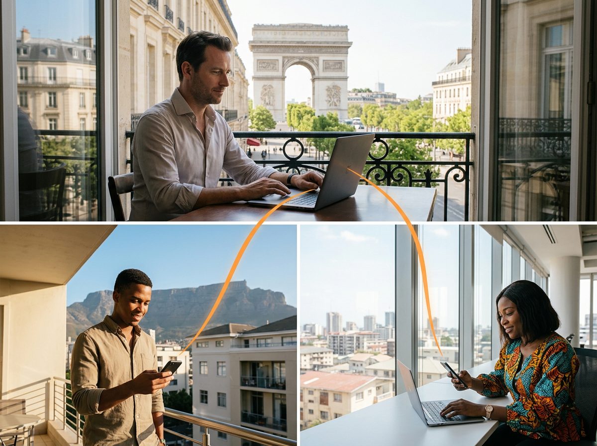 Global payroll in practice: a finance manager releasing international staff payments while a colleague in another market receives one on their phone moments later.