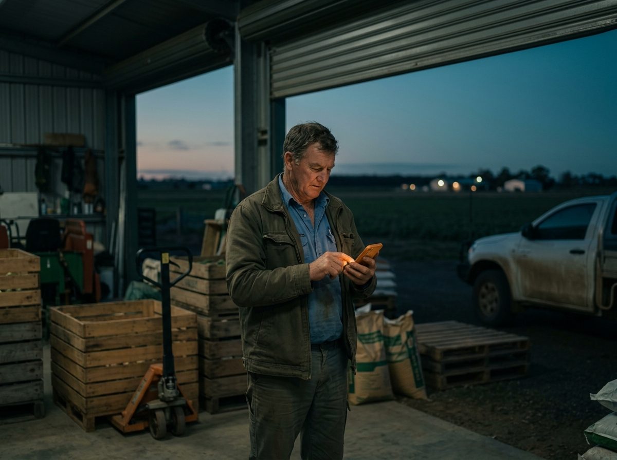 A grower at the edge of his packing shed at dusk, paying an overseas supplier from his phone.