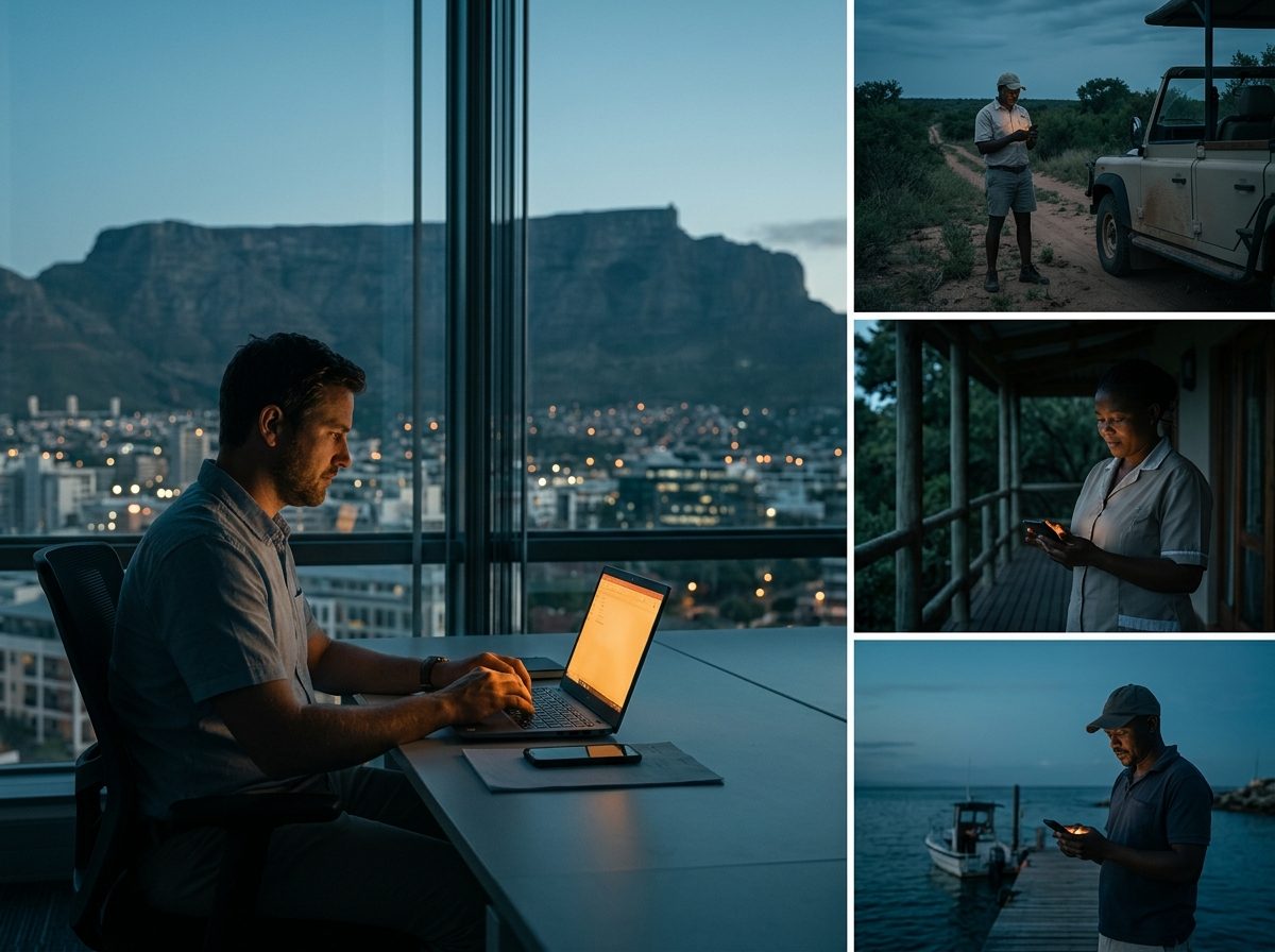 A travel operator at a desk in Cape Town paying a safari guide, a lodge housekeeper and a boat skipper at the same moment, each on their own phone.